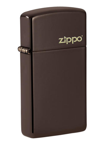 Front shot of Slim Brown ˫ Logo Windproof Lighter standing at a 3/4 angle